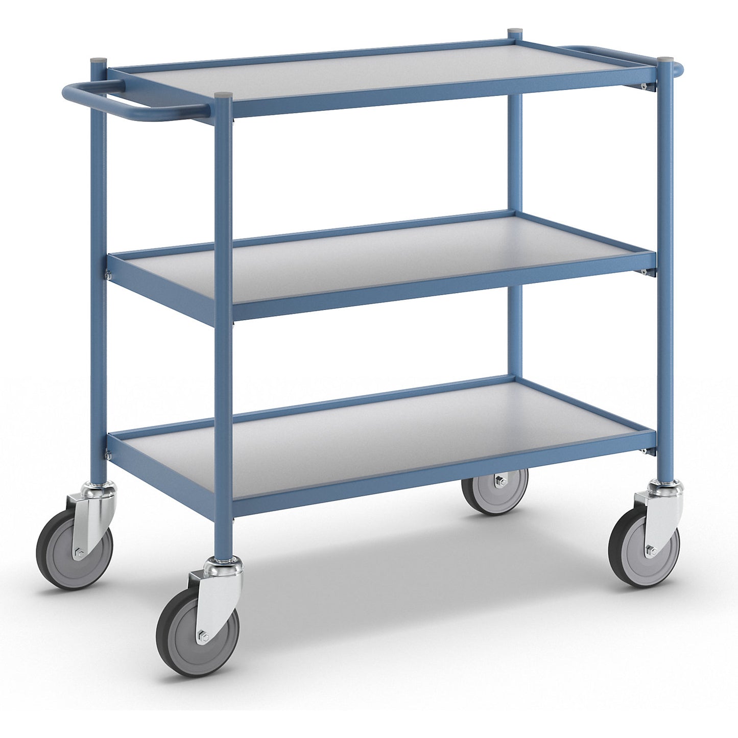Table trolley, max. load 150 kg, with push handle, 3 shelves, 4 swivel castors.