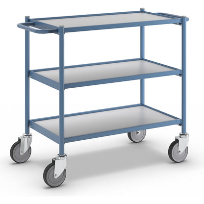 Table trolley, max. load 150 kg, with push handle, 3 shelves, 4 swivel castors.