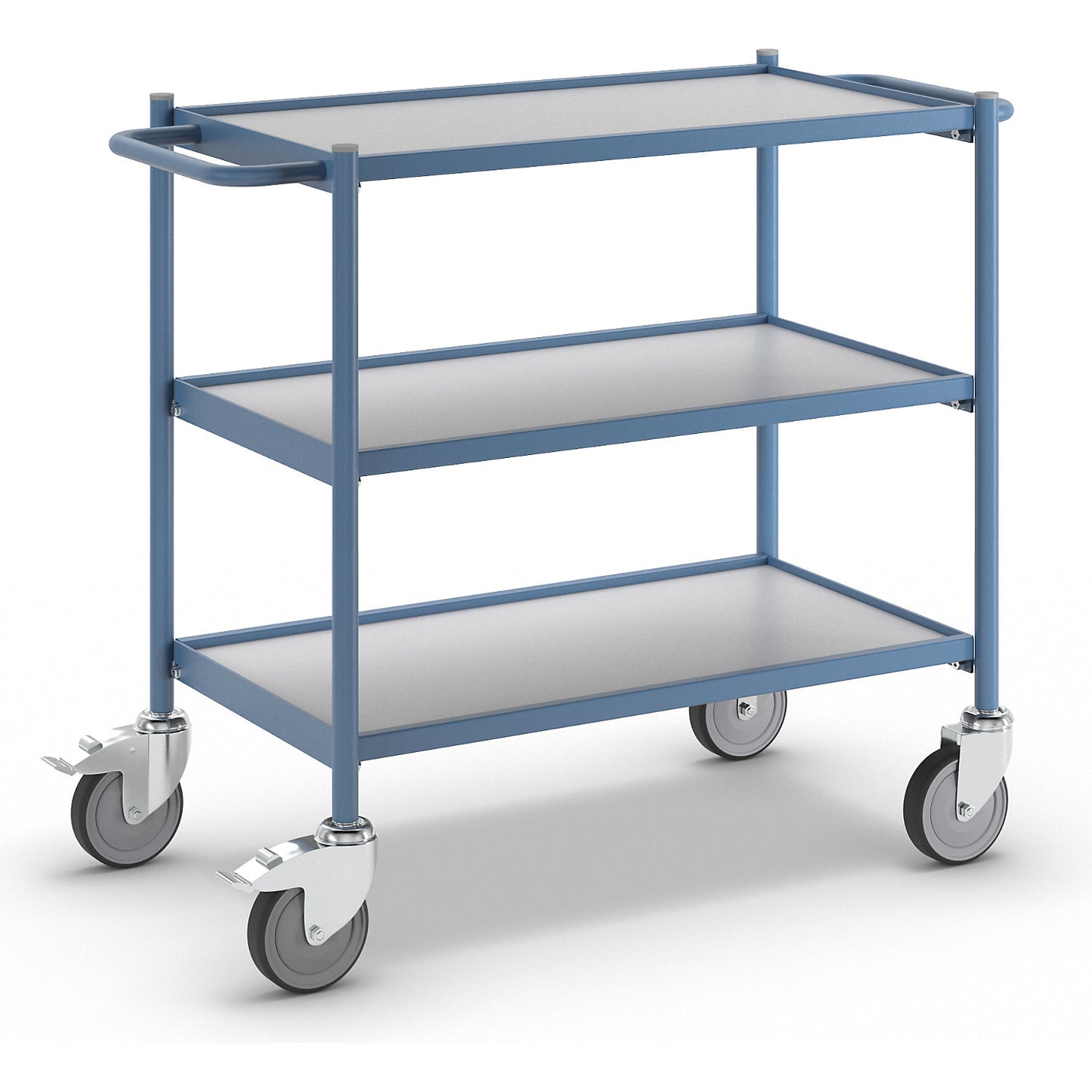Table trolley, max. load 150 kg, with push handle, 3 shelves, 4 swivel castors, 2 with double stops.