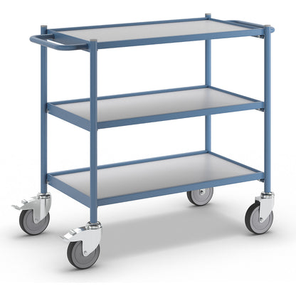 Table trolley, max. load 150 kg, with push handle, 3 shelves, 4 swivel castors, 2 with double stops.