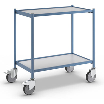 Table trolley, max. load 150 kg, without push handle, 2 shelves, 4 swivel castors, 2 with double stops.