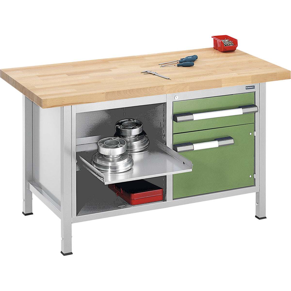 Height-adjustable workbench, frame construction, 1 drawer, 1 door, 1 pull-out shelf, width 1500 mm, light grey / green.