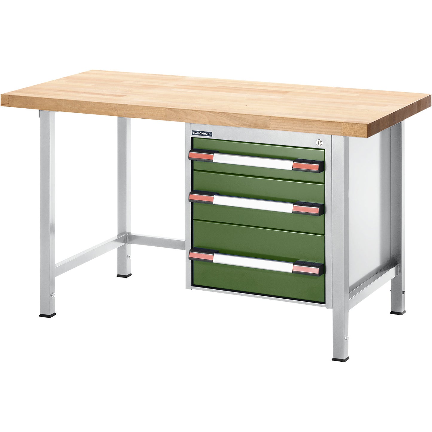 Height-adjustable workbench, frame construction, 3 drawers, width 750 mm, light grey / green.