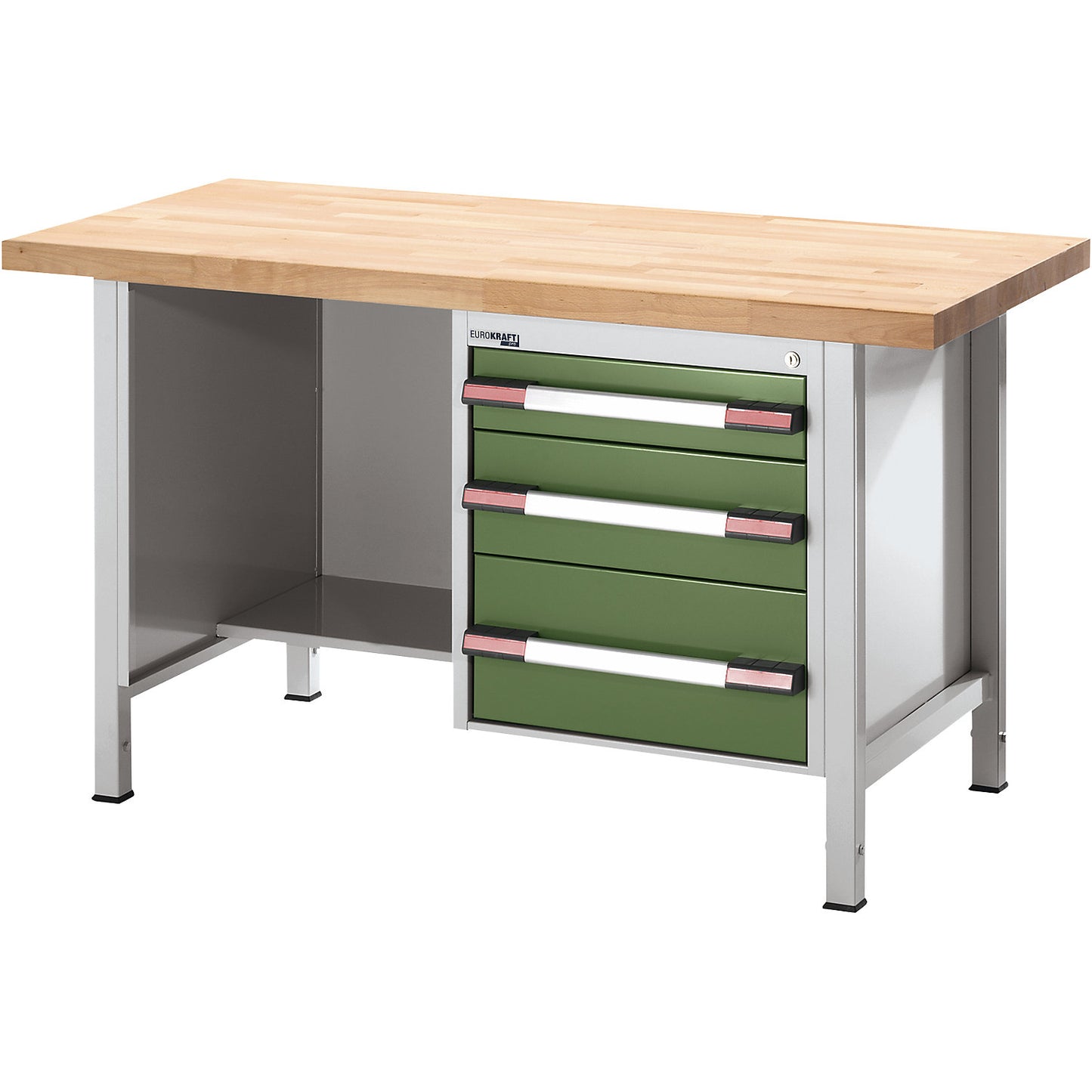 Height-adjustable workbench, frame construction, 3 drawers, 1 shelf, width 1500 mm, light grey / green.