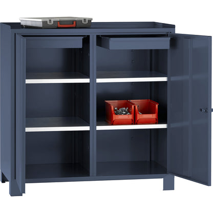 Tool cupboard with feet, HxWxD 1000 x 1000 x 500 mm, partition, 1 drawer and 2 shelves on each side, charcoal RAL 7016.