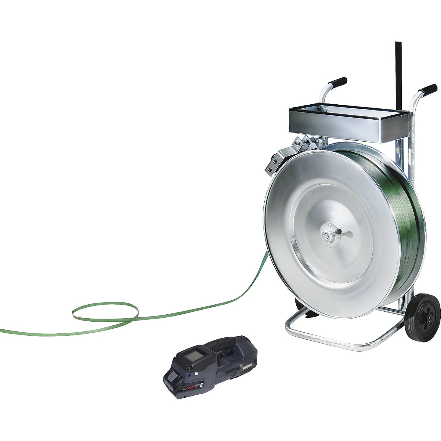 Strapping set, PET strapping, fully automatic tensioning tool, mobile strap dispenser, strap, threading rod, strap width 16 mm.