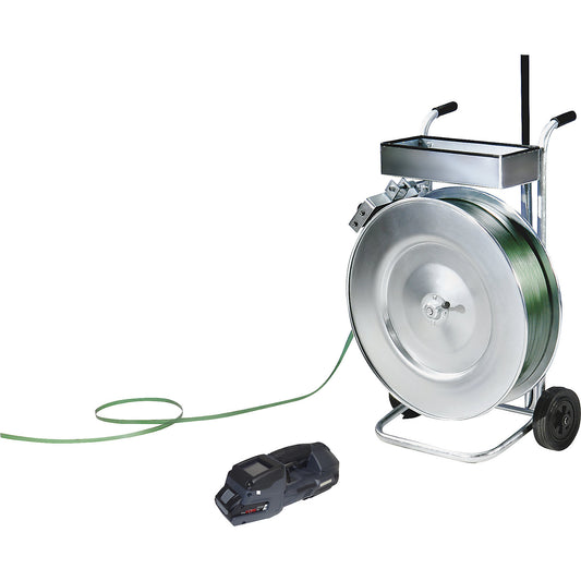 Strapping set, PET strapping, fully automatic tensioning tool, mobile strap dispenser, strap, threading rod, strap width 16 mm.