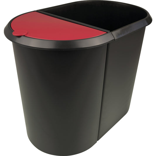 Waste paper bin, plastic, DUO, with two sorting compartments, red lid, black body, pack of 2.