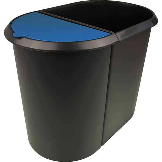 Waste paper bin, plastic, DUO, with two sorting compartments, blue lid, black body, pack of 2.