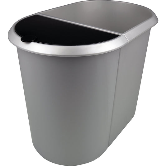 Waste paper bin, plastic, DUO, with two sorting compartments, black lid, silver body, pack of 2.