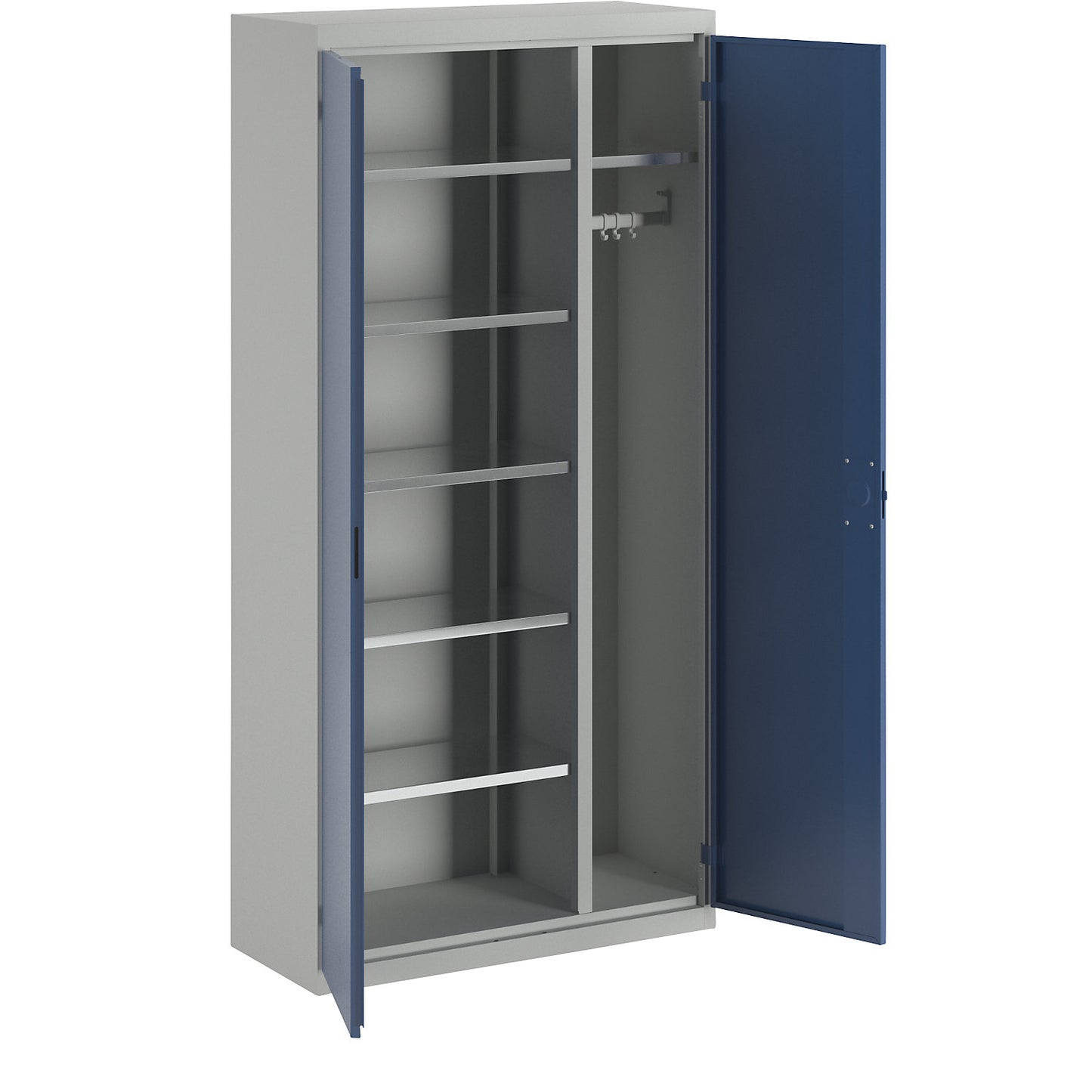 Cleaning cupboard, 6 shelves, 1 clothes rail, depth 400 mm, light grey / gentian blue.