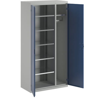 Cleaning cupboard, 6 shelves, 1 clothes rail, depth 500 mm, light grey / gentian blue.
