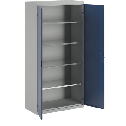Double door cupboard, 4 shelves, width 1000 mm, light grey / gentian blue.