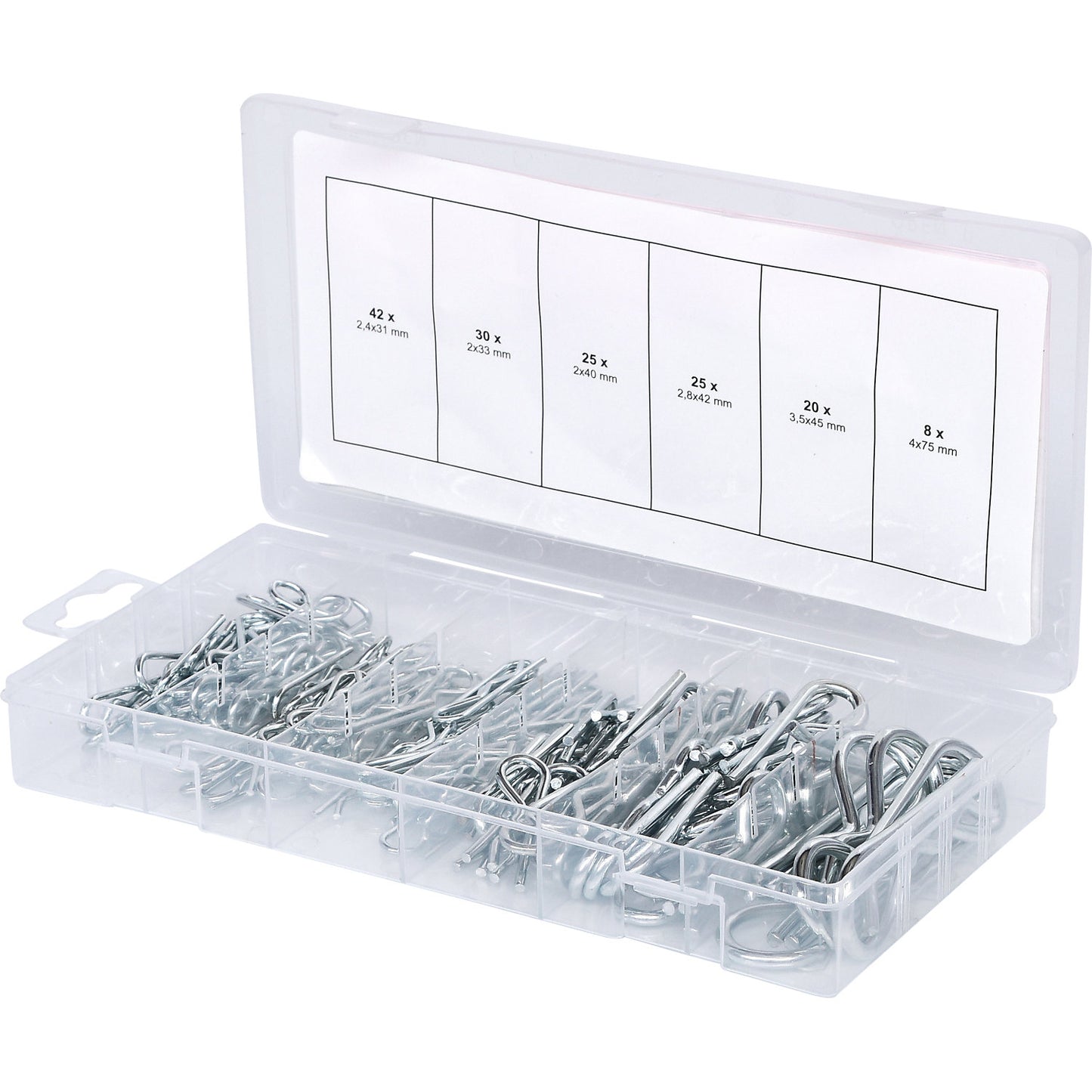 Assortment of spring split pins, 150 parts, 1.8 x 33 - 3.9 x 75 mm.