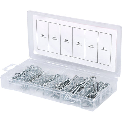 Assortment of spring split pins, 150 parts, 1.8 x 33 - 3.9 x 75 mm.