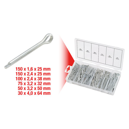 Assortment of split pins, 555 parts, 1.6 x 25.4 - 4 x 63.5 mm.