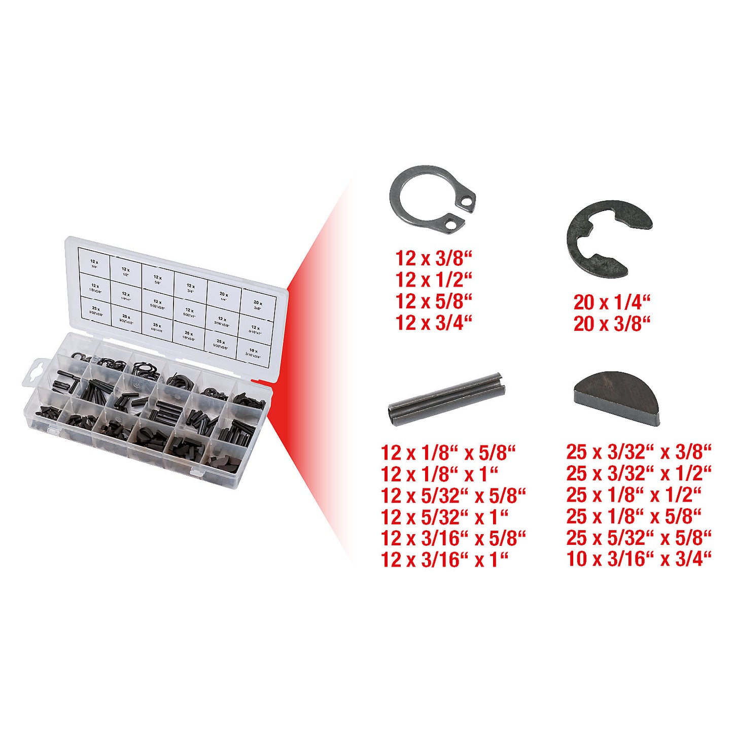 Assortment of roll pins/seeger rings/feather keys/E-ring circlips, 295 parts, ISO 3912/13337, DIN 471.