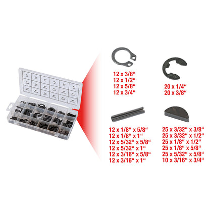 Assortment of roll pins/seeger rings/feather keys/E-ring circlips, 295 parts, ISO 3912/13337, DIN 471.