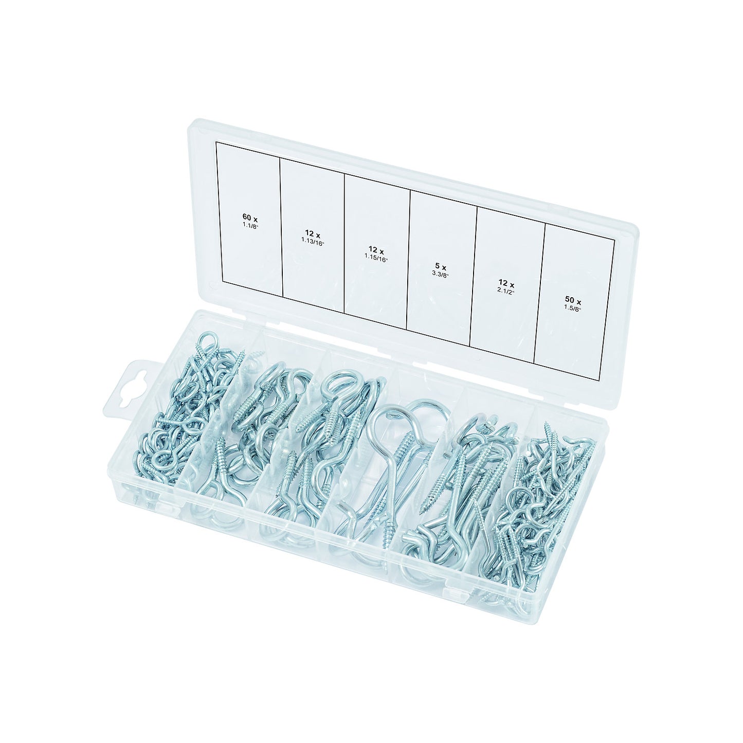 Assortment of clip bolts and eye bolts, 151 parts, in a plastic case.