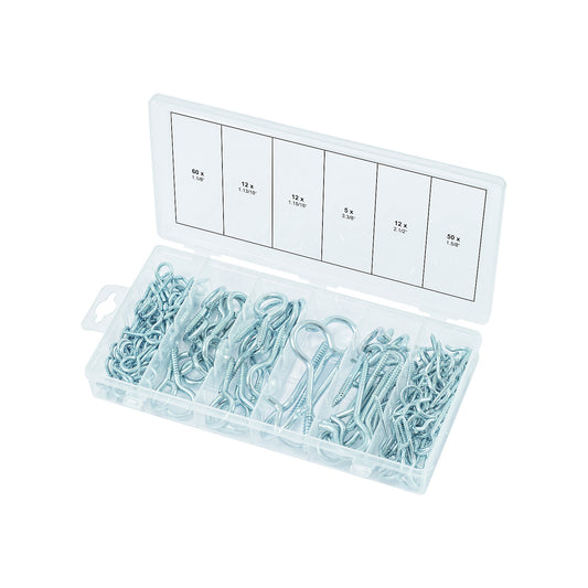 Assortment of clip bolts and eye bolts, 151 parts, in a plastic case.