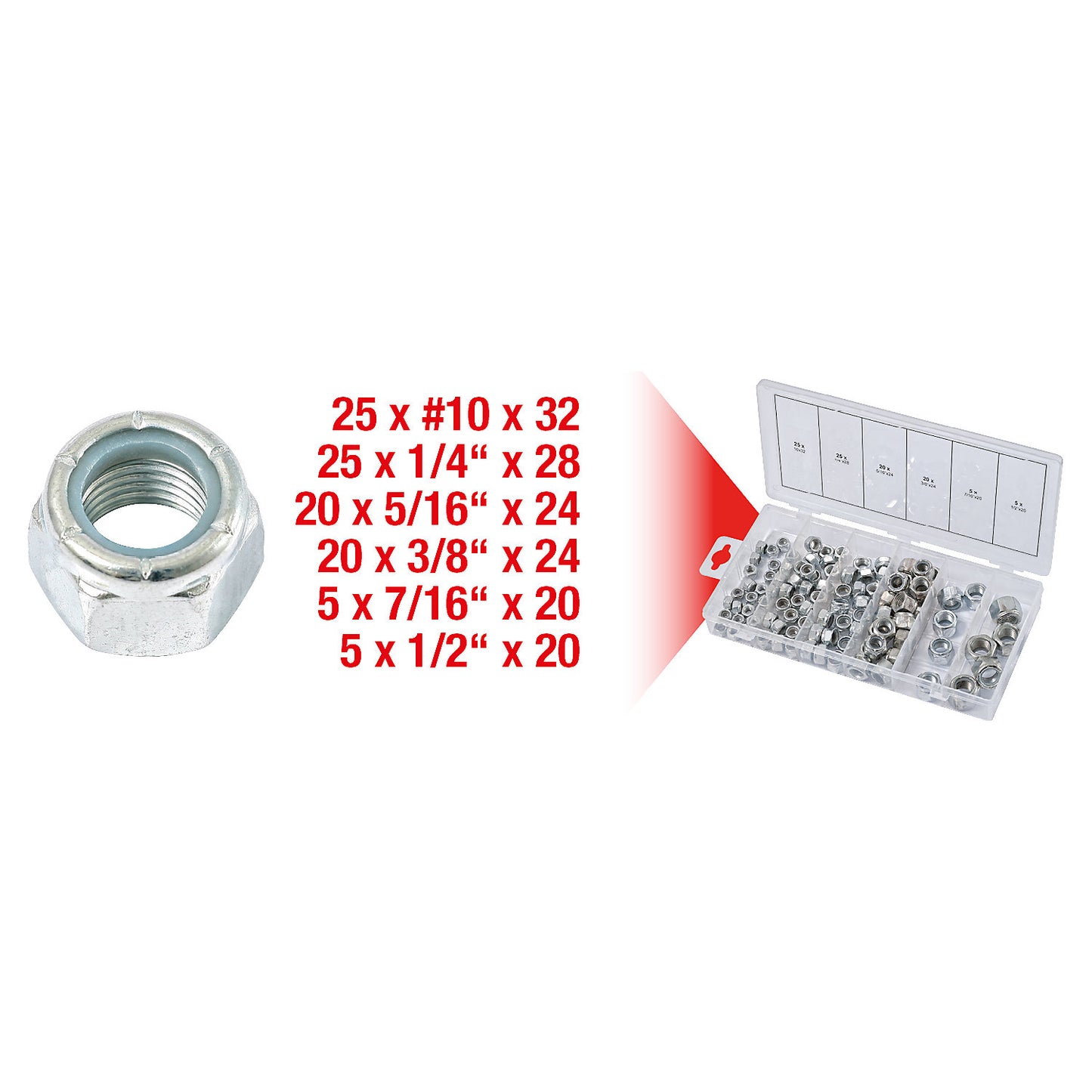Assortment of nuts, UNF, 100 parts, self-locking.
