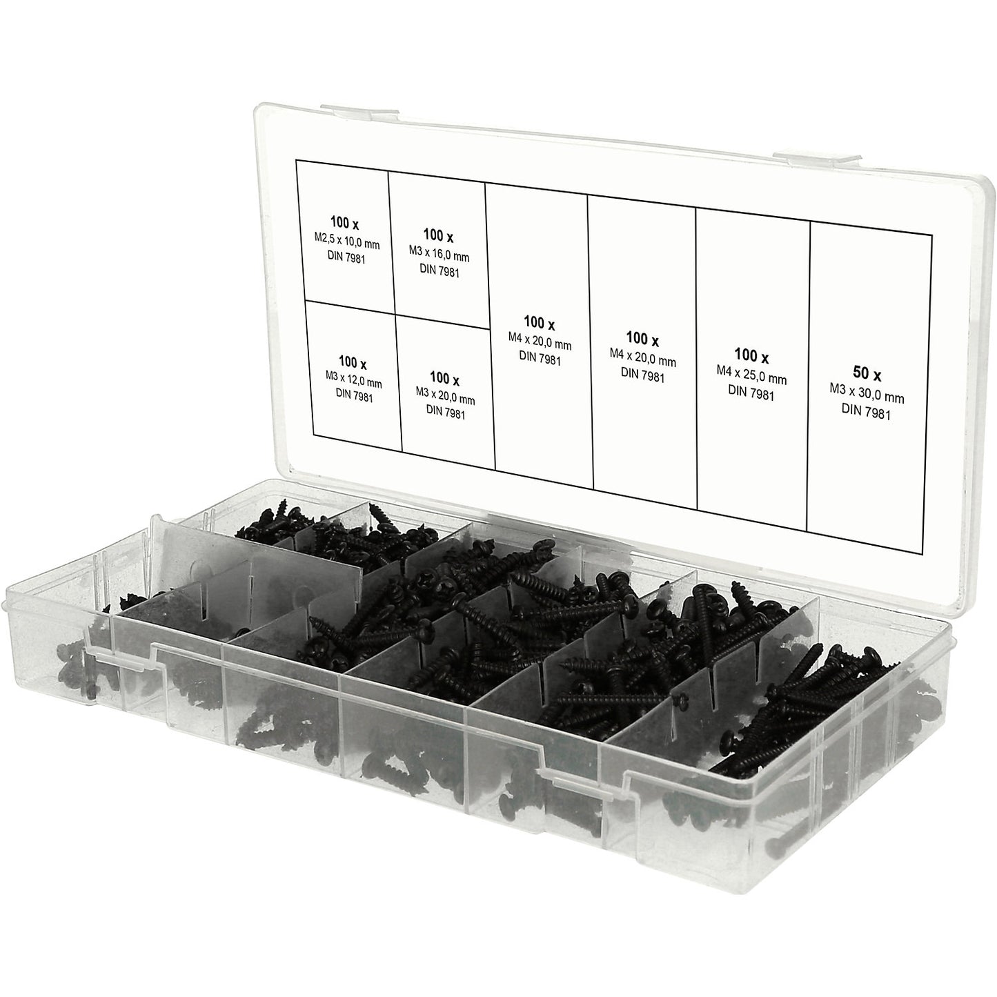 Assortment of raised head sheet metal screws, 750 parts, M2.5 - M3.