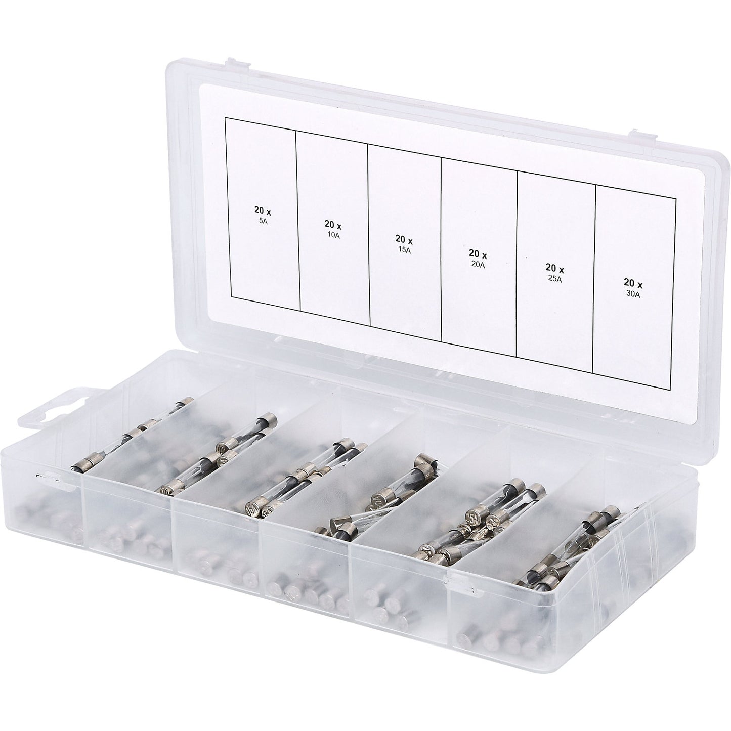 Assortment of glass fuses, 120 parts, 5 - 30 A.