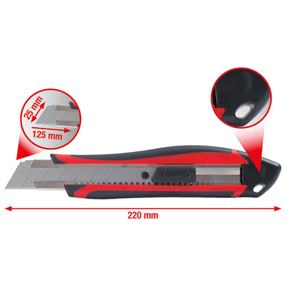 Universal snap off blade knife, length 220 mm, blade 25 x 125 mm.