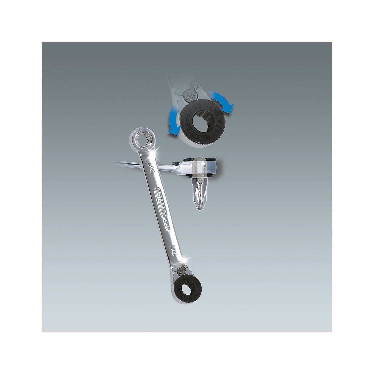 GEARplus mini bit reversible ratchet ring spanner, length 90 mm, with live ring.