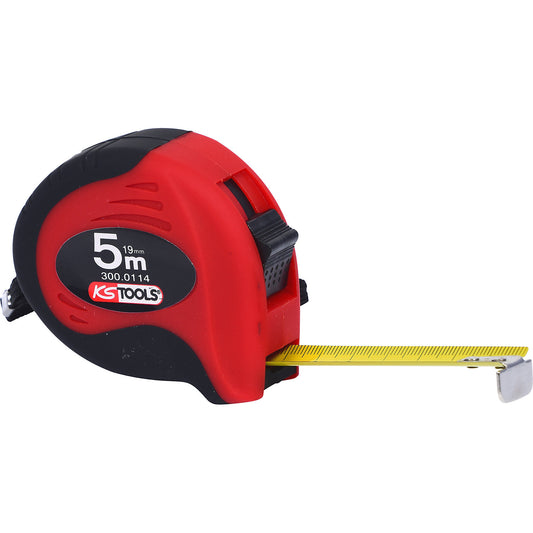 Measuring tape with stop, black / red, length 5 m, tape width 19 mm.