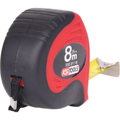 Measuring tape with stop, black / red, length 8 m, tape width 25 mm.