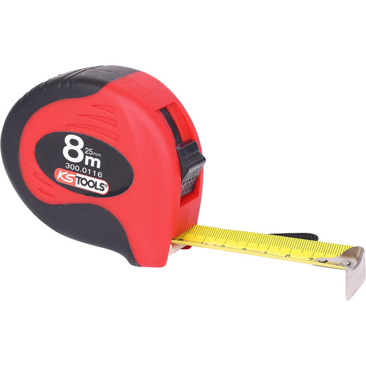 Measuring tape with stop, black / red, length 8 m, tape width 25 mm.