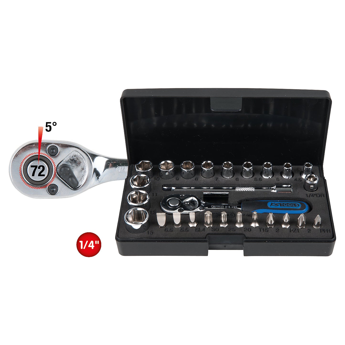 1/4'' CHROMEplus socket set, 26 parts, flank traction.