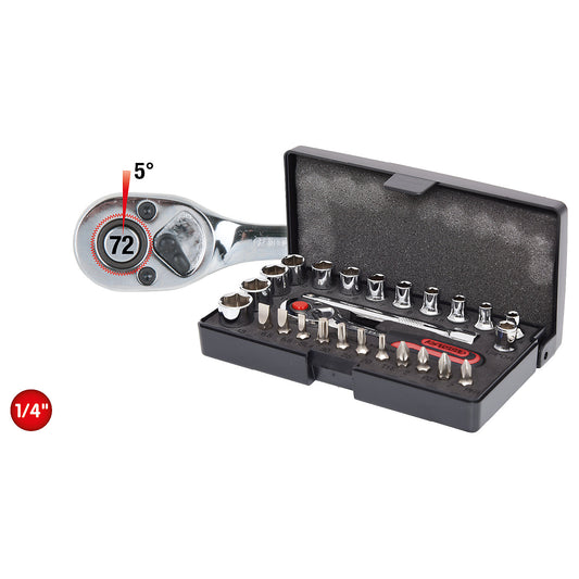 1/4'' CHROMEplus socket set, 26 parts, flank traction.