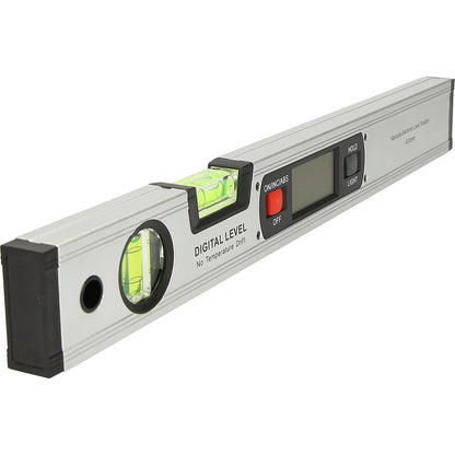 Digital aluminium profile spirit level, length 416 mm, measuring range 0° - 90°.