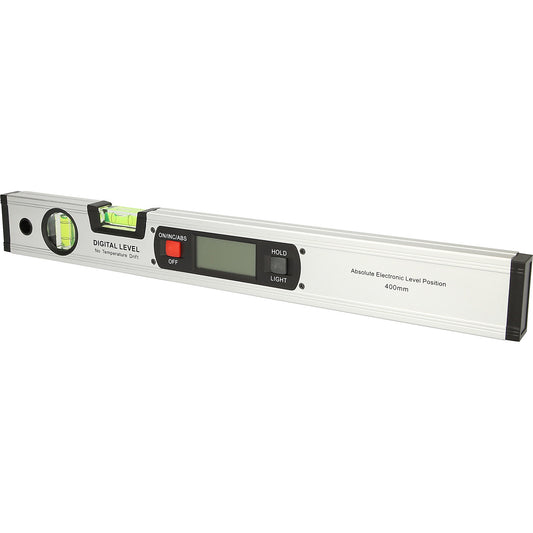 Digital aluminium profile spirit level, length 416 mm, measuring range 0° - 90°.