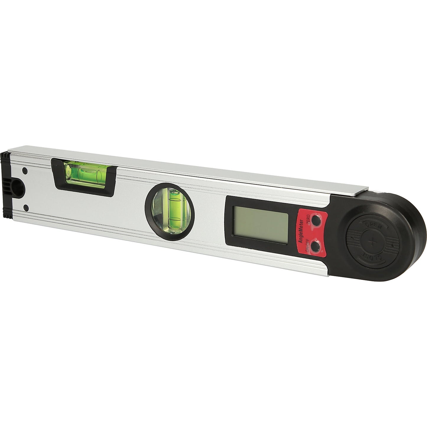 Digital angle finder with spirit level, measuring range 0° - 225°, with suspension hole.