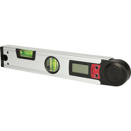 Digital angle finder with spirit level, measuring range 0° - 225°, with suspension hole.
