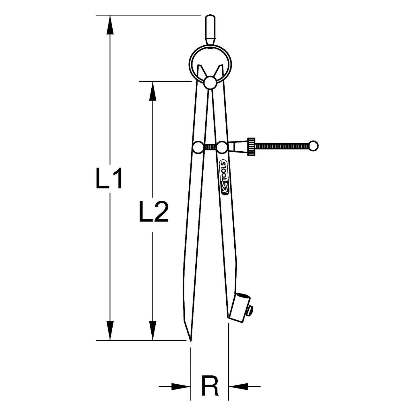 Precision spring pointed dividers, with pencil holder, radius 210 mm.