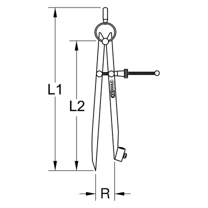 Precision spring pointed dividers, with pencil holder, radius 210 mm.
