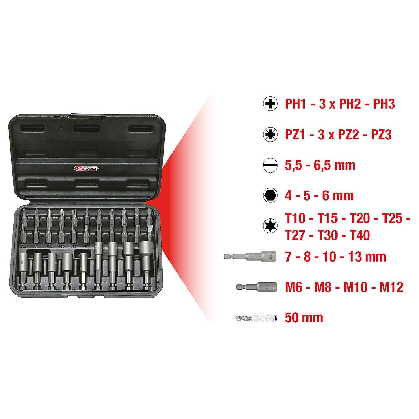1/4'' bit and drive socket set, 31 pcs, form C 6.35.