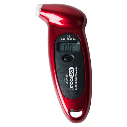 Digital tyre pressure gauge, measuring range 0.2 - 10 bar, length 135 mm.