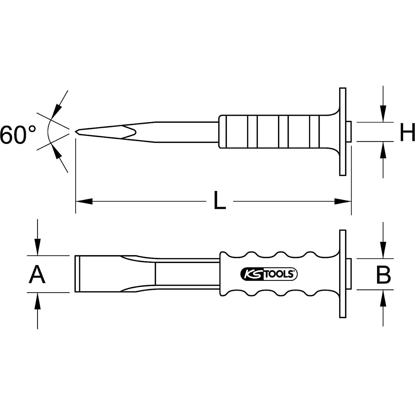Flat chisel with hand protection grip, flat/oval, overall length 250 mm.