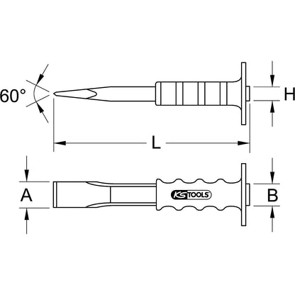 Flat chisel with hand protection grip, flat/oval, overall length 250 mm.