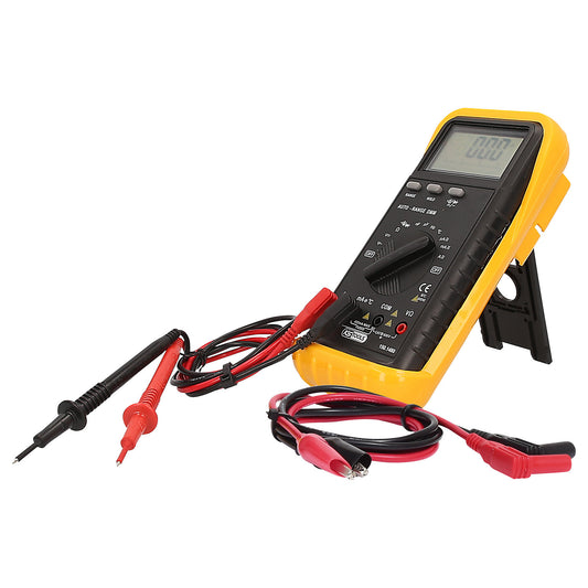 Digital multimeter, incl. test prods and crocodile clamps, electronic display.