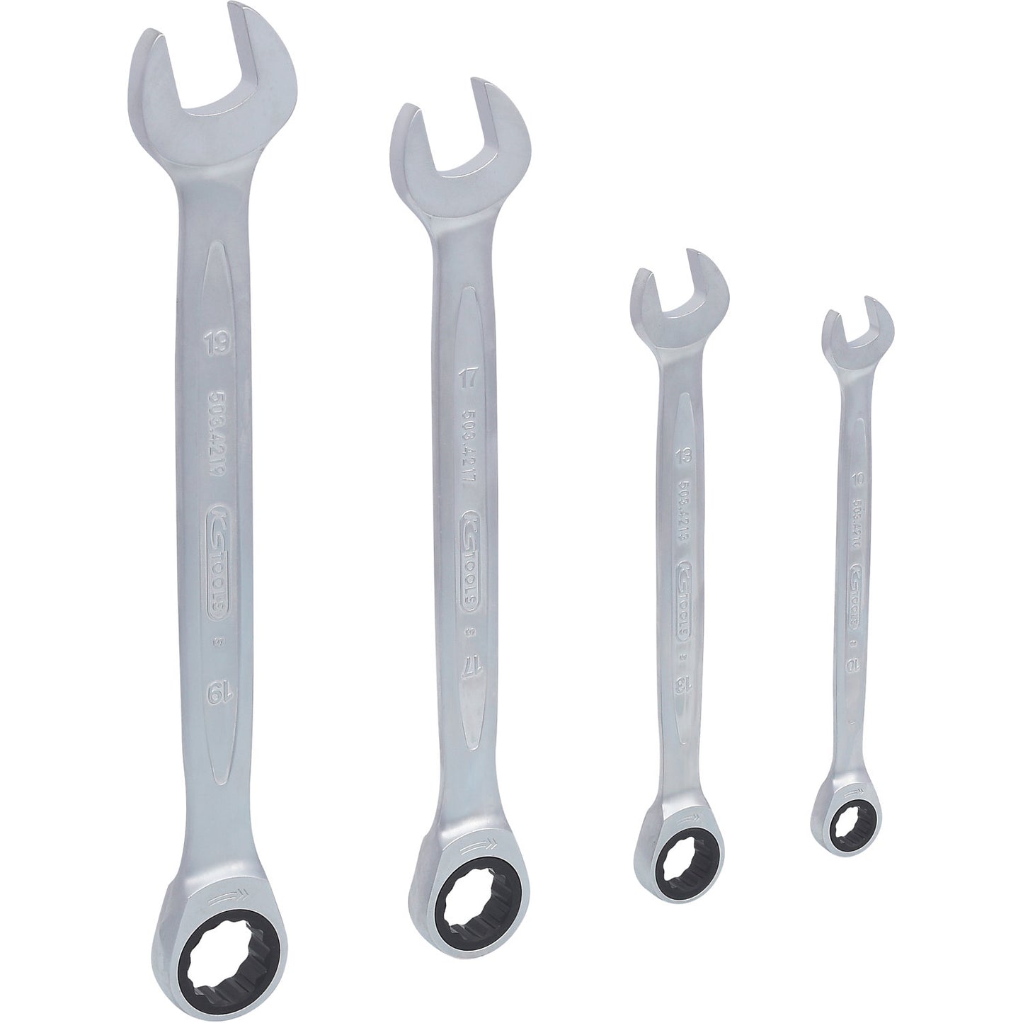 GEARplus ratcheting spanner set, flank traction, 4 parts, widths 10 - 19 mm.