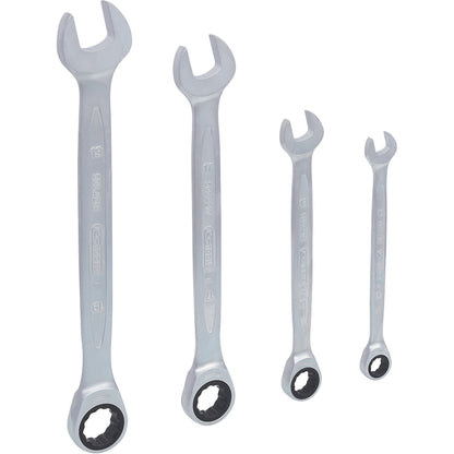 GEARplus ratcheting spanner set, flank traction, 4 parts, widths 10 - 19 mm.