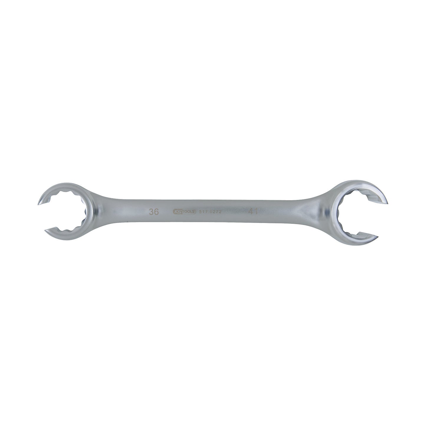 Open double ring spanner, offset, bihexagonal, 36 x 41 mm.