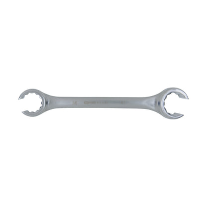Open double ring spanner, offset, bihexagonal, 36 x 41 mm.