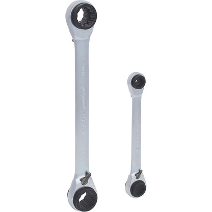 4 in 1 GEARplus reversing double ratchet ring spanner set, 2 parts, widths 8 - 19 mm.